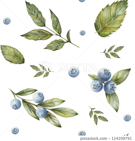 Blueberry. seamless pattern with watercolor blueberries and twigs with green leaves. Hand drawn, isolated on a white background. For print, cards, textiles, kitchen, invitations. 124209791