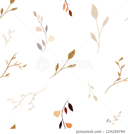 Seamess Pattern. Dry twigs and autumn petals. Repeating pattern hand drawn in a realistic style. White background. Botanical illustration for textile, greeting card, stationary wedding, home decor 124209794