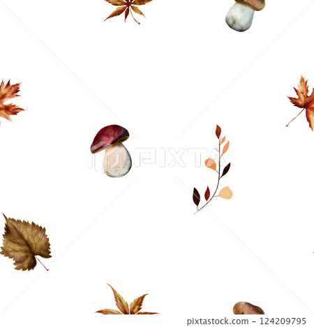 Watercolor seamless pattern with mushrooms, dry tree leaves and gold ornament. Botanical illustration, isolated on white background. For textile, print, tablecloth, invitations, curtains Watercolor seamless pattern with mushrooms, dry tree leaves and gold ornament. Botanical illustration, isolated on white background. For textile, print, tablecloth, invitations, curtains 124209795