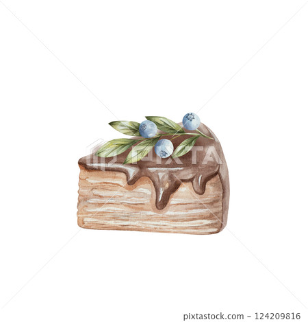 Watercolor pieces of chocolate delicious pie, with blueberries, cream and green sprigs. Hand drawn, isolated on a white background. For design, menu, recipes, kitchen, textiles 124209816