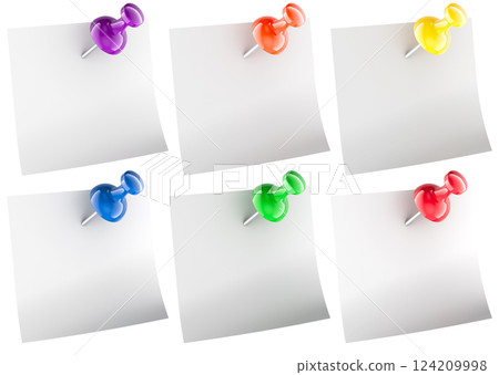Blank white notes papers with colored push pins, 3D rendering 124209998