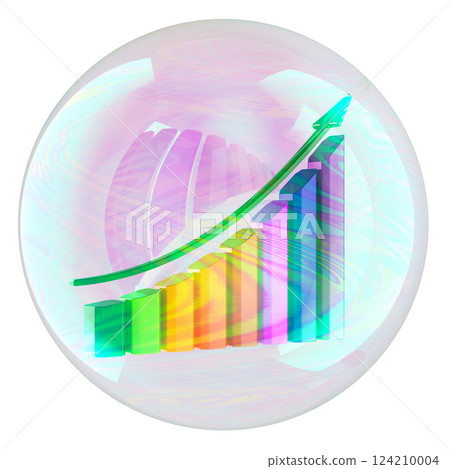 Market bubble, concept. Growth Bar Chart inside soap bubble. 3D rendering Market bubble, concept. Growth Bar Chart inside soap bubble. 3D rendering 124210004