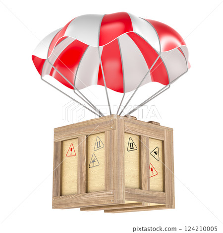 Parachute with wooden box parcel. 3D rendering 124210005