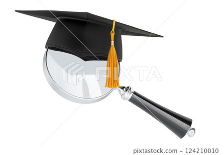 Square academic cap, graduate cap with magnifier. 3D rendering 124210010