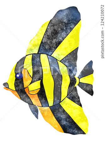 一幅可愛的馬賽克風格剪紙插圖，描繪了一條鹹水魚，長鰭刺尾魚，帶有關節 124210072