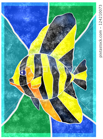 彩色瓷磚風格剪紙插圖，描繪了一條鹹水魚，長鰭金槍魚，背景為 124210073