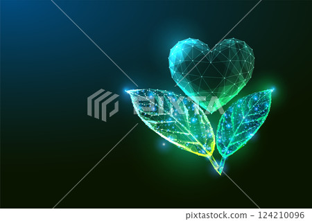 Polygonal heart-shaped plant with glowing green leaves. Sustainability, eco-consciousness. Vector Polygonal heart-shaped plant with glowing green leaves. Sustainability, eco-consciousness. Vector 124210096