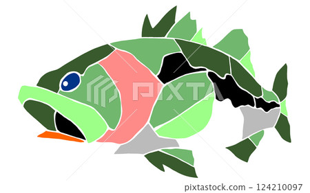 一幅可愛的彩色玻璃風格剪紙插圖,描繪了一條淡水魚,黑鱸魚,沒有關節 一幅可愛的彩色玻璃風格剪紙插圖,描繪了一條淡水魚,黑鱸魚,沒有關節 124210097