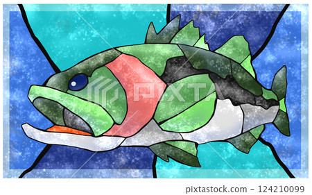帶有背景的淡水魚黑鱸魚的彩色瓷磚插圖 帶有背景的淡水魚黑鱸魚的彩色瓷磚插圖 124210099
