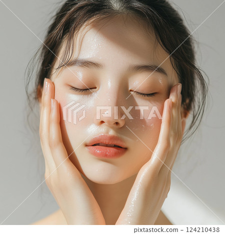 Woman touching her cheek to check the texture of her skin 124210438