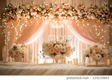 Floral arrangements for elegant indoor weddings creating a romantic atmosphere 124210663