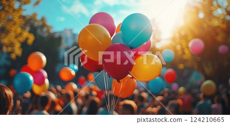 Joyful celebration with colorful balloons outdoor festival event photography sunny day close view happiness and togetherness Joyful celebration with colorful balloons outdoor festival event photography sunny day close view happiness and togetherness 124210665