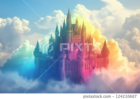 Fantasy landscape castle embellished by colorful clouds in enchanted digital art Fantasy landscape castle embellished by colorful clouds in enchanted digital art 124210687