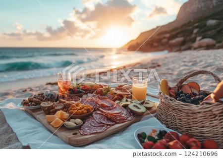 Beach picnic feast at sunset scenic ocean view food platter relaxing atmosphere Beach picnic feast at sunset scenic ocean view food platter relaxing atmosphere 124210696
