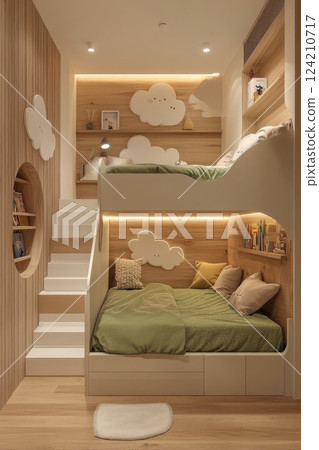 Stylish children's bedroom design with bunk beds cozy atmosphere modern style interior creative concept for relaxation 124210717