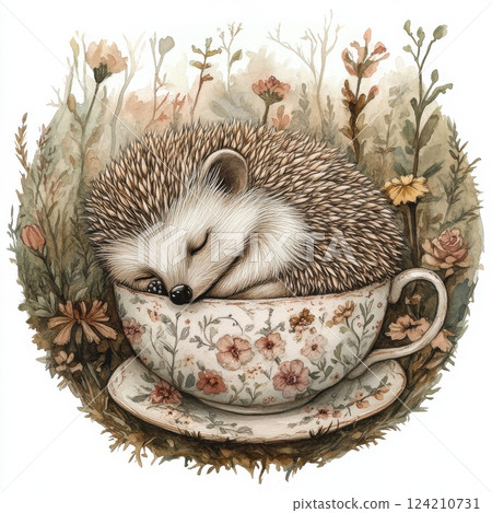 Sleeping hedgehog in floral teacup cozy nature scene illustration whimsical viewpoint Sleeping hedgehog in floral teacup cozy nature scene illustration whimsical viewpoint 124210731