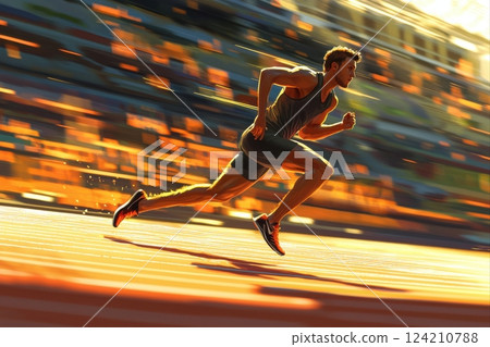 Dynamic sprinting action athletic track sports photography outdoor stadium close-up view high energy movement 124210788