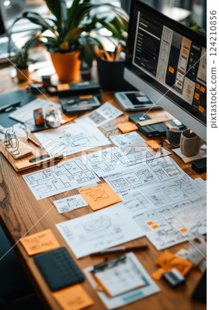 Creative workspace design office digital content productive environment top-down view innovation and collaboration Creative workspace design office digital content productive environment top-down view innovation and collaboration 124210856