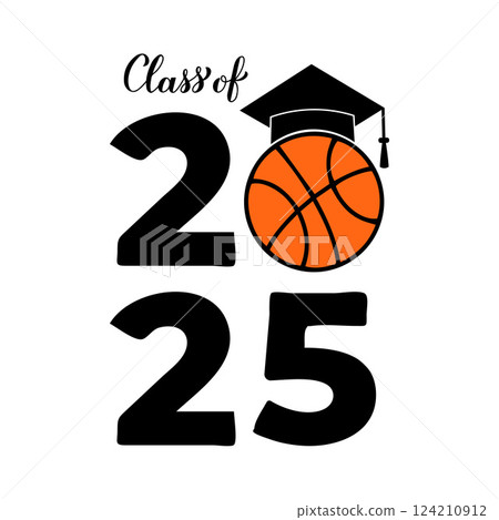 Class of 2025 lettering with graduation hat and basketball ball. Congratulations to graduates typography poster.  Vector template for greeting card, banner, sticker, shirt, etc. 124210912