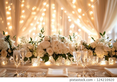 Indoor wedding reception photography elegant decor with flowers and romantic lights Indoor wedding reception photography elegant decor with flowers and romantic lights 124210920