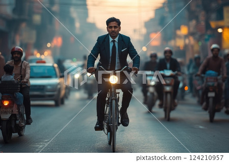 Urban cyclist in business attire navigating busy city streets at dusk lifestyle portrait dynamic environment inspiring concept 124210957
