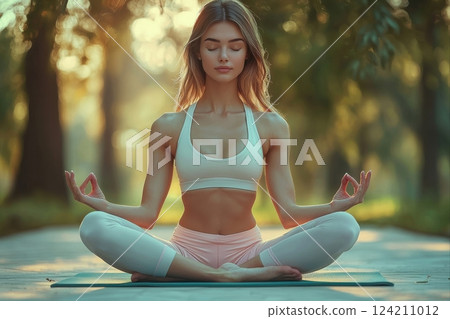 Meditation for mindfulness outdoor park lifestyle image serene environment close-up view inner peace concept 124211012
