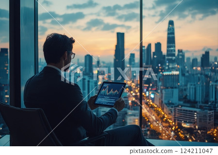 Business professional analyzing data high-rise office digital analytics urban landscape evening viewpoint success strategy 124211047