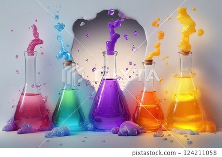 Creative visual experimentation colorful chemical reactions in laboratory flasks 124211058