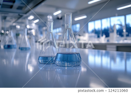 Scientific experiment with glass beakers laboratory photography modern environment close-up view 124211060