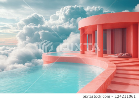 Aerial view of a dreamy poolside retreat modern architecture and tranquil serenity Aerial view of a dreamy poolside retreat modern architecture and tranquil serenity 124211061