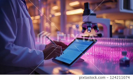 Research scientist working on innovative solutions in laboratory environment high-tech equipment 124211074