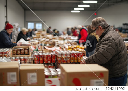 Volunteers organizing goods for local food bank a close-up on charity impact 124211092