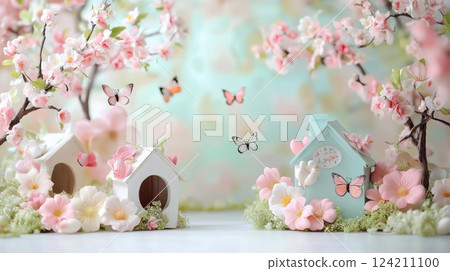 Whimsical birdhouses and cherry blossoms create a charming nature setting in soft focus 124211100