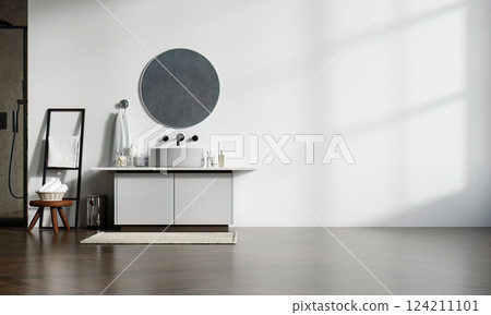 Sleek bathroom design featuring round mirror and modern sink, 3D render illustration. 124211101