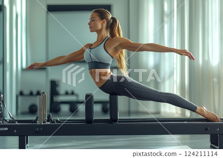 Dynamic fitness routine pilates practices studio environment action shot indoor setting athlete in motion 124211114