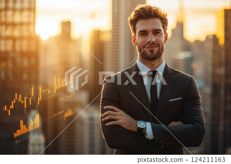 Business success story confident young professional in urban skyline portrait photography sunset environment inspirational viewpoint 124211163