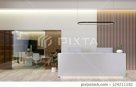 Contemporary reception area with clean lines, 3D render illustration. 124211182