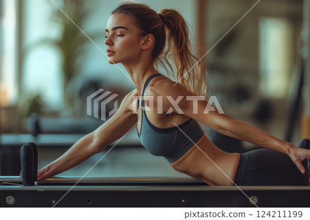 Dynamic stretching routine for fitness enthusiasts indoor gym action shot modern setting close-up health and wellness 124211199