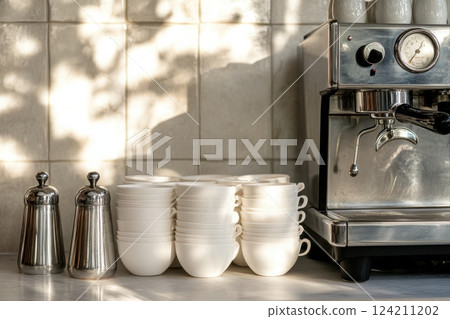 Brewing morning bliss kitchen still life coffee preparation scene bright atmosphere close-up view Brewing morning bliss kitchen still life coffee preparation scene bright atmosphere close-up view 124211202