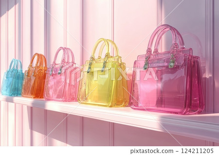 Colorful transparent handbags fashion store showcase in a bright environment 124211205