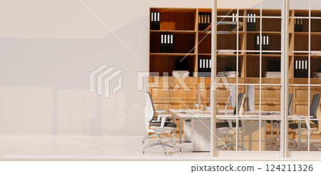 Stylish Office Space with Modern Office Furniture, 3D render illustration Stylish Office Space with Modern Office Furniture, 3D render illustration 124211326