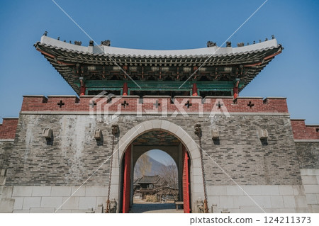 Ancient Korean Architectural Scenery on daytime 124211373