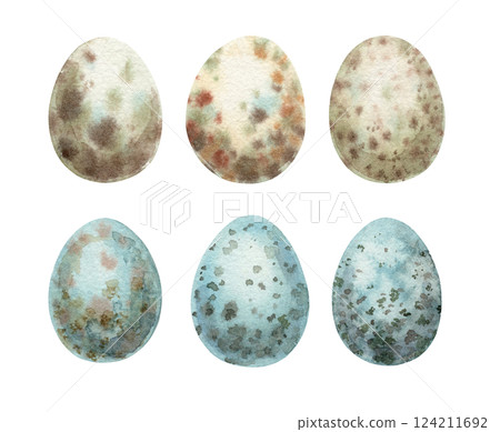Watercolor quail egg set beige and blue. Hand drawn speckled shells. Vintage Easter art for design. Spotted eggs are perfect for card and print. Classic artwork for religious and farm design. 124211692