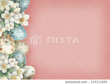 Pink Easter background with quail egg and white flower in vintage style. Hand drawn watercolor design. Horizontal frame with copy space. Perfect for greeting card and holiday template. Pink Easter background with quail egg and white flower in vintage style. Hand drawn watercolor design. Horizontal frame with copy space. Perfect for greeting card and holiday template. 124211695