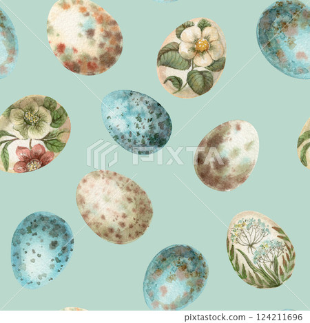 Easter seamless pattern with painted quail egg on the blue background. Hand drawn watercolor scattered design in vintage style. Cute print ideal for wallpaper. Perfect for holiday fabric and paper. Easter seamless pattern with painted quail egg on the blue background. Hand drawn watercolor scattered design in vintage style. Cute print ideal for wallpaper. Perfect for holiday fabric and paper. 124211696