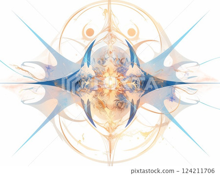 藍色和金色相交的抽象而奇幻的對稱設計 124211706