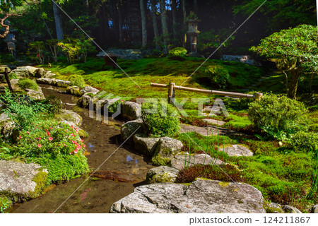 A stream garden surrounded by greenery 124211867
