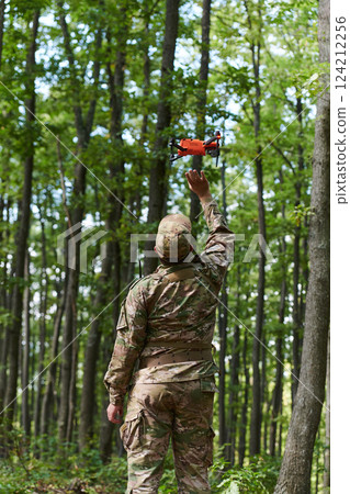 Elite military unit, equipped with state-of-the-art technology including a drone, strategically navigates and surveys dangerous wooded terrain, showcasing their precision, cooperation, and specialized Elite military unit, equipped with state-of-the-art technology including a drone, strategically navigates and surveys dangerous wooded terrain, showcasing their precision, cooperation, and specialized 124212256