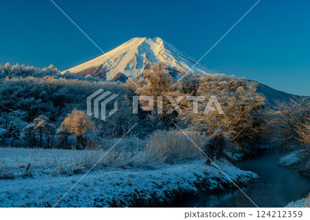 朝陽下的忍野村和富士山 124212359