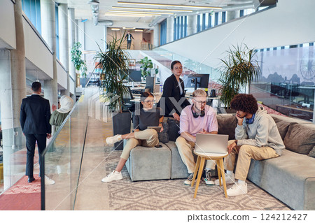In a modern startup office, a diverse group of young professionals collaboratively tackles various business problems and challenges, surrounded by their engaged colleagues, fostering innovation and 124212427